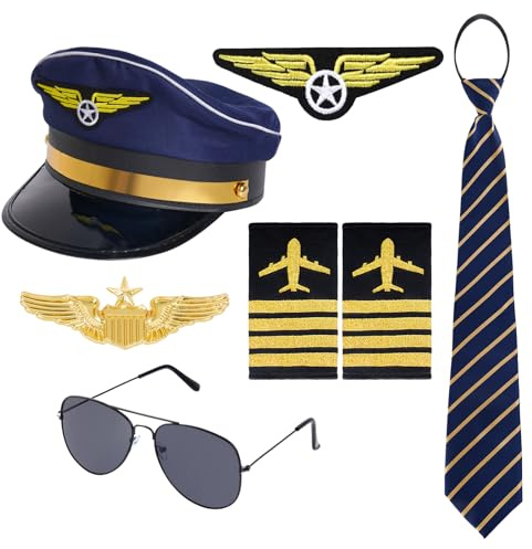 Vxcvzv 7 accesorios de disfraz de piloto de capitán, juego de disfraz de piloto, charreteras, sombrero de piloto, gafas de sol, insignia, corbata, pilotos, hombre, para Halloween, carnaval, disfraz