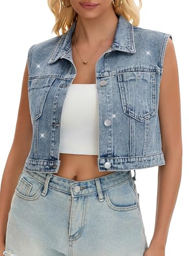 CIMUK Giacca in Denim da Donna con Bottoni Giacca in Jeans Lavata con Strass e Senza Maniche Grigio Blu M