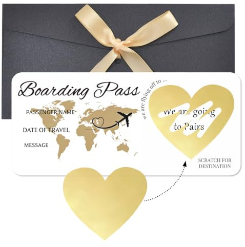 Boarding Pass Scratch Card Reveal, Personalised Scratch Card for Surprise Trip Reveal Gift, Holiday Scratch Off Cards with Gold Heart Stickers & Black Envelope for Spouse Family Lover