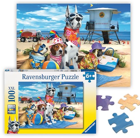 Ravensburger - No Dogs on The Beach - 100 Piece Jigsaw Puzzle - Hilarious Beach Scene of Dogs Dressed for Seaside - Bold Colors - Premium Quality - Ideal Gift - Screen-Free Fun - Children Age 6+