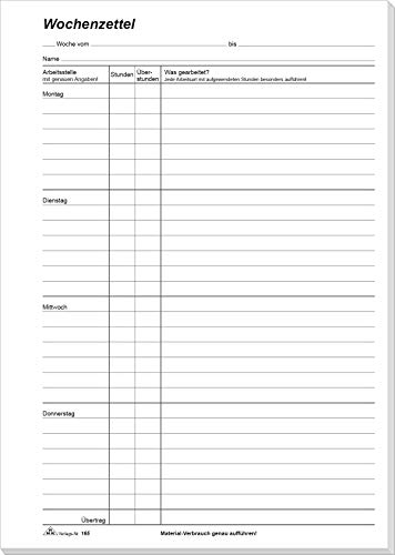 RNKVERLAG 165 - Wochenzettel, Block mit 100 Blatt, DIN A4, 1 Stück