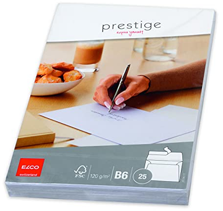 Briefumschlag Prestige - B6, 25 Stück, hochweiß, haftklebend, ohne Fenster ELCO Prestige steht für ein elegantes Sortiment von Kuverts und Schreibwaren für die Privatkorrespondenz mit einer persönlichen Note. ELCO Prestige-Produkte bestechen durch ihr elegantes Erscheinungsbild, was sich besonders in den edlen Kuvertformen zeigt.