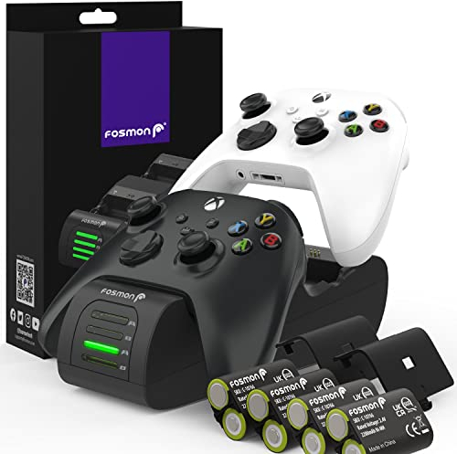 Fosmon Quad Pro 2 MAX - Cargador Compatible con Xbox Series X/S (2020), Xbox One/One X/One S Elite Controllers, (Two Slot) Docking Station con 4 X 2200mAh Baterías Recargables - Negro