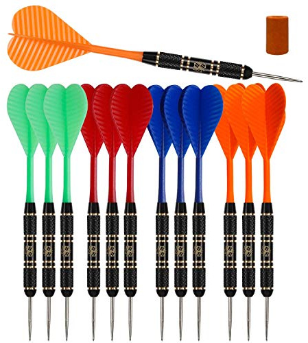 Steel Tip Darts Set |12 pc Bar Darts; 3 of Each Color; Perfect Fun Darts for 4 Players Throwing Metal Tip On Dartboard in Family Game Room, Man Cave (20g Black Brass-STC10435)