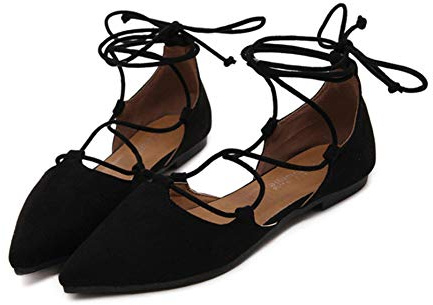 ERLINGO Casual Ballet Flat Womens Cross Strap Ballet Flat Shoes Pointed Toe Elegant Wedding Lace Up Ballerinas Shoes for Girls Black