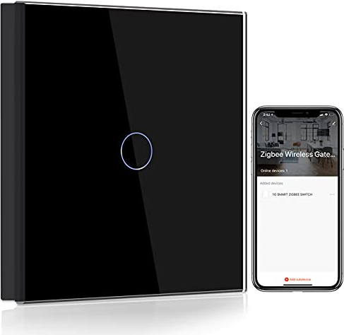 BSEED Smart ZigBee Lichtschalter, intelligenter Wandschalter Kompatibel mit Alexa und Google Home, 1 fach 1 Weg Unterputz Schalter mit Glaspanel 250V Schwarz (Hub erforderlich)