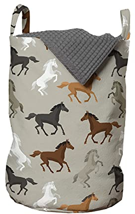 ABAKUHAUS Pferde Wäschesack, Stalliongaloppieren Motiv, Wäschekorb mit Griffen Kordelzugverschluss für Waschsalons, 33 cm breit x 49 cm hoch, Braun Grau
