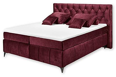 Stella Trading PEMBROKE 8 Boxspringbett 180x200, Burgund - Bequemes Doppelbett mit 7-Zonen-Federkern Matratze & Topper mit Klimaband - 200 x 121 x 210 cm (B/H/T)