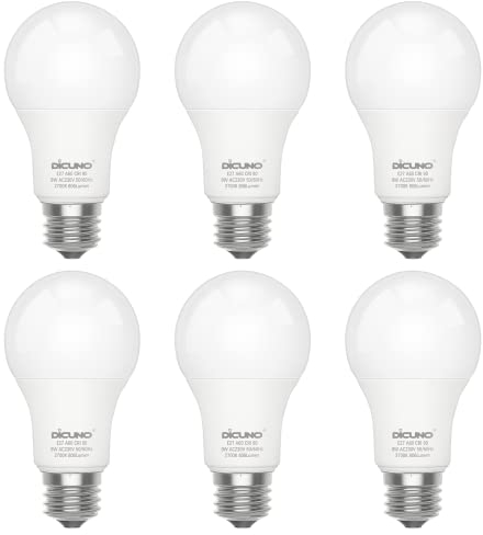 DiCUNO 9W E27 LED Lampe ersetzt 60W, 2700K Warmweiß, 806lm, A60 Matt Edisonbirne, CRI 90, 220° Abstrahlwinkel, flimmerfrei, nicht dimmbar, 230V Energiesparlampe, 6er Pack