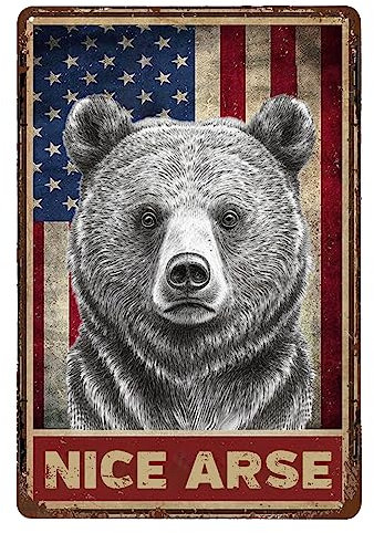 Plaques en métal drôles avec joli cul, clôture de ferme, drapeau américain, ours décoratif, regard intense, décorations de jardin mignonnes pour un mariage, devant la cour, décoration murale