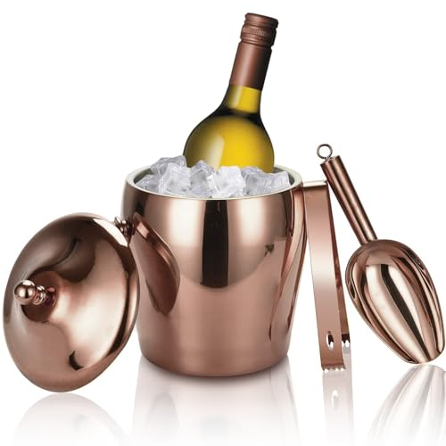 Eiskübel, Doppelwand isolierter Eiskübel mit Eiszange, Schaufel, Deckel, Edelstahl Eiskübel für Cocktailbar Partys Zuhause, Upgraded Eiskübel mit Deckel, Gefrieren für 6h, 2L