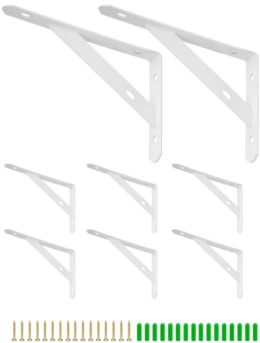 QWORK® 8 Piezas Soportes para Estantes, Soportes Triangulares para Estantes, Soporte de Pared para Estantes con Accesorios para Tornillos, 150 * 95 * 16mm, Blanco