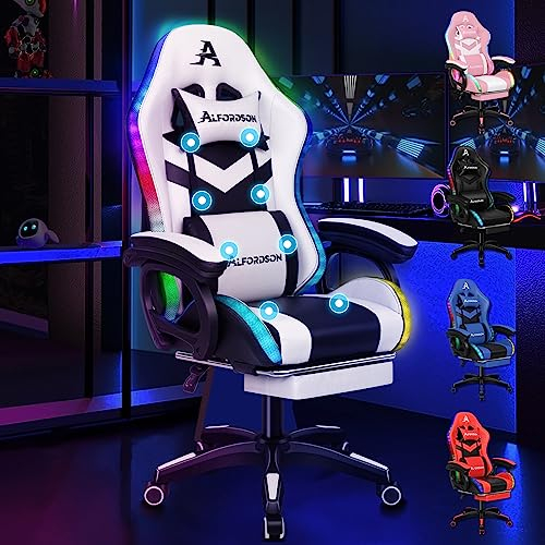 ALFORDSON Gamer Stuhl Ergonomisch, Gamer Stühle mit Lendenwirbelkissen, Kopfstütze Gaming Stuhl Höhenverstellbar Bürostuhl Computerstuhl für Erwachsene Mädchen Jungen, Leinenstoff, Weiß