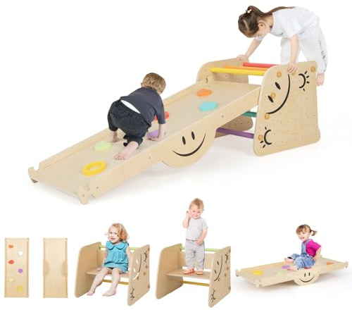 HONEY JOY Climbing Toys for Toddlers, 6 in 1 Wooden Triangle Set, Double Side Ramp & Climber, Seesaw, Step Stool, 2-Piece Learning Indoor Montessori Climbing Ladder Gym for Kids Boys Girls