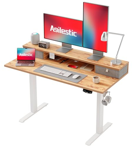 Agilestic Höhenverstellbarer Schreibtisch mit 2 Schubladen, 120 x 60 cm Stabiler Schreibtisch Höhenverstellbar Elektrisch, Ergonomischer Steh-Sitz Tisch Computertisch, Hellbraun