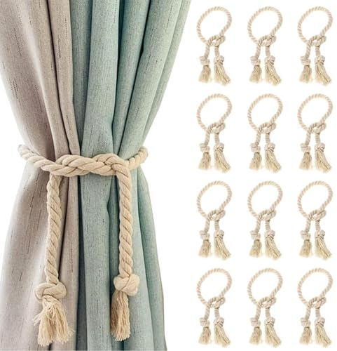 12 Piezas Abrazaderas Cortinas, Tiebacks de Cortina Trenzados a Mano, alzapaños de algodón Tejido a Mano Decoración de Sala de Estar para Dormitorio Salón Exteriores y Oficina (Beige)