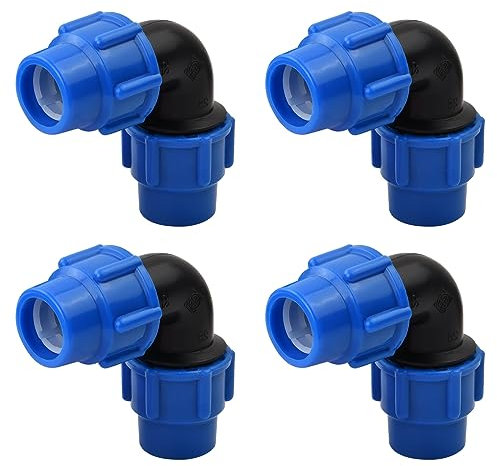 4 Piezas Codo de Compresión para Tubería de Polietileno, 25mm X 25 mm Racor de Fontanería de 90 Grados, Conectores, Accesorios de PP Pn16, Apto para Instalación Interior y Exterior, Azul