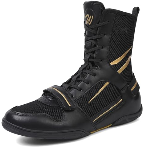 NGARY Chaussures de Boxe Professionnelles pour Hommes, Bottes de Lutte Montantes, Chaussures d'entraînement pour Adultes, Baskets de Fitness antidérapantes,Noir,44 EU