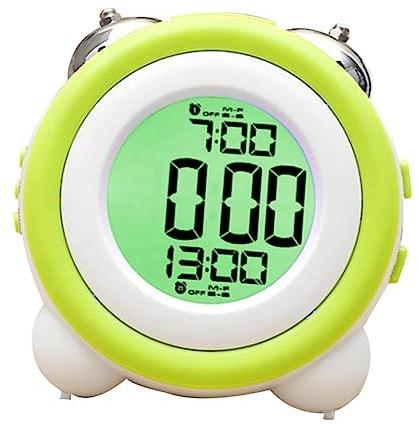 Cabilock Reloj Despertador Silencioso Led para Niño Niña Doble Campana Sin Pilas Diseño Simple y Color Verde para Escritorio y Dormitorio