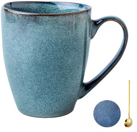 KOPYFANTAP Taza de Café de Gres con Asa, Tazón de Capuchino de Cerámica con Cuchara y Posavasos para Té Leche Chocolate, Azul, 450 ML