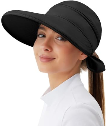 Kiiwah Chapeau de Soleil Femme Été, 2 en 1 Casquette Visiere Anti UV Capeline Large Bord Pliable pour Plage Voyage Randonnée Camping (Noir)