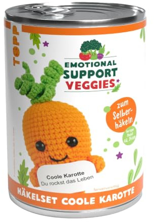 Emotional Support Veggies Häkelset Karotte: Anleitung, Misch-Garn in 2 Farben, Stickgarn, Füllwatte, Häkelnadel 2,0 mm, Sicherheitsaugen, Standfuß