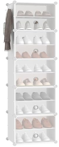Lxvckly Shoe Rack, 10-Tier Tall Shoe Storage Cabinet with Doors & Hooks, Vertical Freestanding Shoe Organizer Holds 20 Pairs, Space-Saving for Entryway, Closet, Hallway, Garage, Cloakroom White