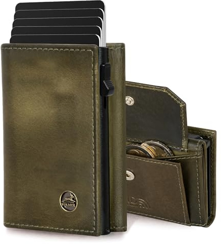 Fa.Volmer ® POP-UP Kartenetui mit Münzfach aus Echtleder für Herren & Damen | 11 Karten | RFID Schutz | Geldbörse (Hunter Green, Großes Münzfach)