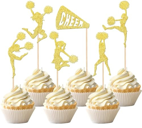 24 Stück Cheerleaderin Tortendeko Glitzer Cheerleading Gymnastik Kuchen Deko Cheerleader Cupcake Toppers für Cheerleaderin Thema Mädchen Geburtstag Party Kuchen Dekorationen Gold