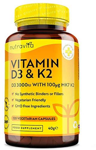 Vitamin D3 3000iu & K2 100ug (MK7) – 120 Vitamin D3 K2 Vegetarian Capsules – Supports Normal Bones, Muscles, Teeth and Immune System – Cholecalciferol & Menaquinone-7 – Made by Nutravita