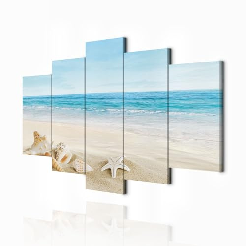 decomonkey Cuadro Lienzo Playa Mar 100x50 cm 5 piezas Impresión Decoración Cuadro De Pared Material Tejido no Tejido Gráfica Foto Salon Conchas