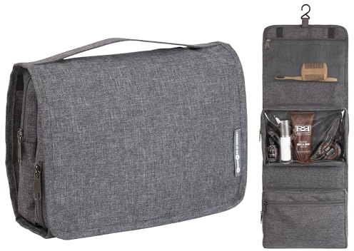 Bigso Box of Sweden – trousse de toilette à suspendre – nécessaire de toilette avec crochets et plusieurs compartiments – vanity de voyage compact en polyester – gris