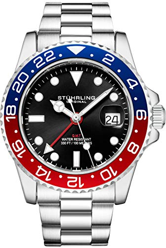 Stuhrling Original Herren-Armbanduhr, Edelstahl, Jubiläumsarmband, GMT-Armband, Schweizer Quarz, Dual-Zeit, Quickset-Datum mit verschraubter Krone, wasserdicht bis 10 ATM