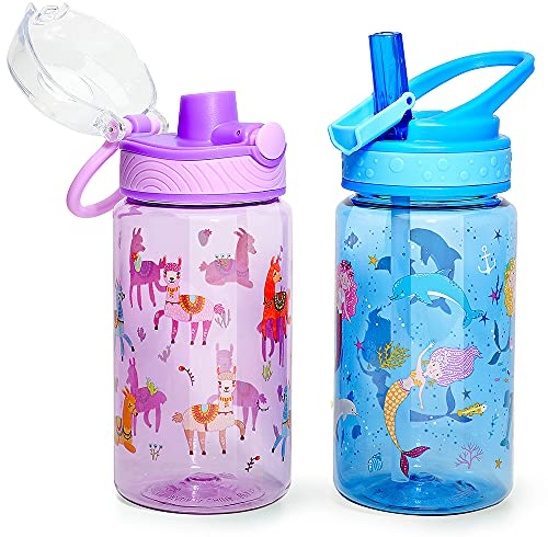 Home Tune 16oz Kids Water Drinking Bottle - Tritan BPA Free, Auto Flip Chug Lid, Sip Straw Lid, Carry Loop, Lightweight, Leak-Proof, Cute Design For Girls & Boys - 2 Pack Mermaid & Llama