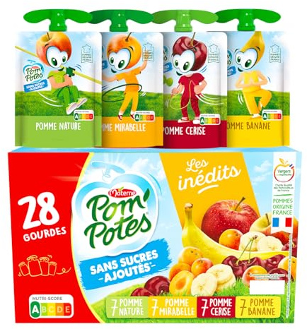 POM'POTES® - Compote Gourde Sans Sucres Ajoutés* - Pomme Nature - Pomme Banane - Pomme Cerise - Pomme Mirabelle - Pommes Françaises - Source De Fibres - Nutri-Score A - 3 Ans Et Plus - 28 x 90g