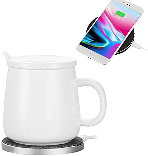PYXISTIFY 2-in-1 Coffee Mug Warmer & Wireless Charger With Stylish Mug - Fast iPhone Charger - Heated Cup Coaster - Portable Tea Warmer - Self Heating For Desk - Office Gift for Men