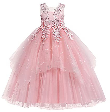 Flower Girl Dresses for Wedding Sleeveless Floral Lace Princess Tulle Tutu Big Little Girls Junior Bridesmaid Dresses First Communion Pageant Birthday Christmas Party Maxi Prom Gown Pink 5-6 Years