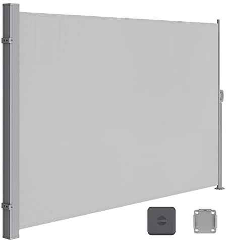 SONGMICS Tenda laterale con scatola in acciaio, allungabile, 200 x 350 cm, protezione da sguardi indiscreti, parasole, oscurante, tenda laterale avvolgibile, per balcone, terrazza, giardino, grigio