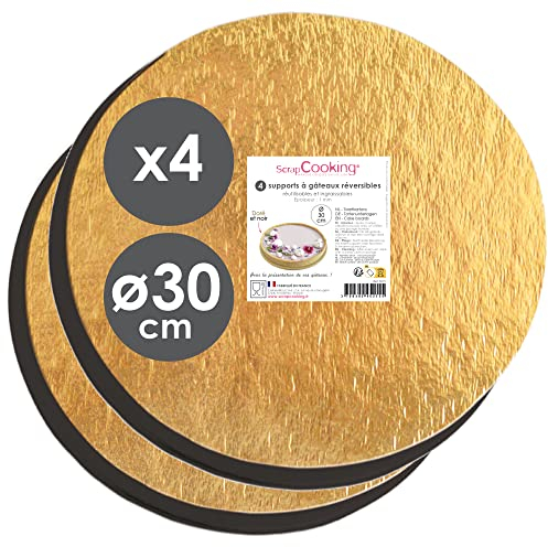 ScrapCooking 5215 - Juego de 4 Soportes para Tartas Redondos, diámetro de 30 cm, cartón Reversible, Color Dorado y Negro, Gran Bandeja para Tartas XXL – Disco de Posavasos – Base Cake Board –
