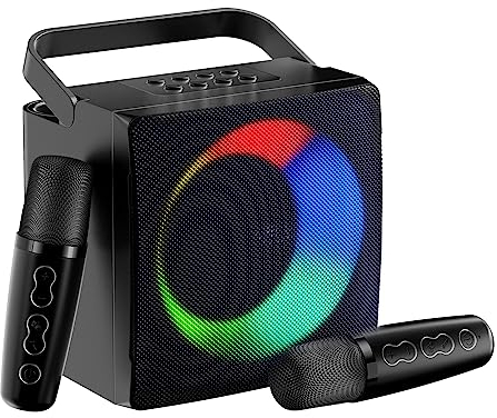 GJCrafts Karaoke Bluetooth con 2 Micrófonos Inalámbricos, Karaoke Profesional Completa con Luz LED, Altavoz de Karaoke con USB/Tarjeta TF/AUX, Sistema de Sonido Regalos para Fiestas y Canto (Black)