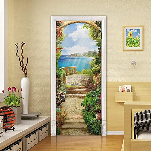 3D Paesaggio Del Giardino Sul Mare Adesivo Per Porta Autoadesivo Con Carta Da Parati, Poster e Foto Da Parete 77 X 200 Cm