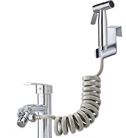 Bidet Edelstahl Handbrause Set, mit 59 zoll Federschlauc, Hakentoilette, Wasserhahnspender und Adapter - für WC, Persönliche Hygiene und Windelreinigung