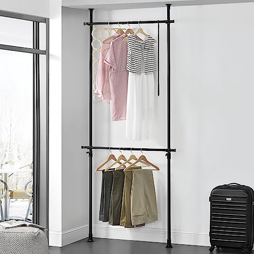[en.casa] Teleskop Garderobensystem Kemi mit 2 Kleiderstangen zum Spannen Garderobenständer Schwarz Kleiderständer Teleskopstange verstellbar 75 – 115 cm Metall