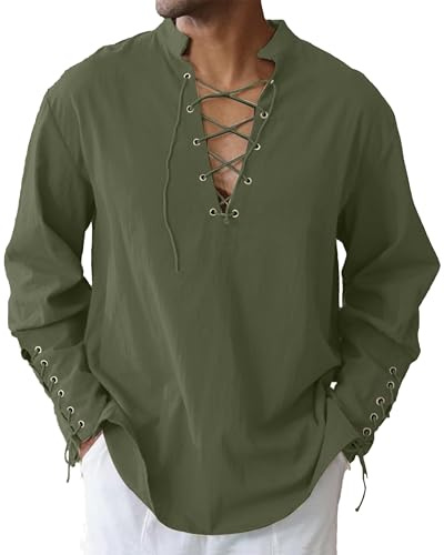 LVCBL Mens Long Sleeve Shirts Linen Retro Style Casual Shirt Medieval Vintage Viking Shirts