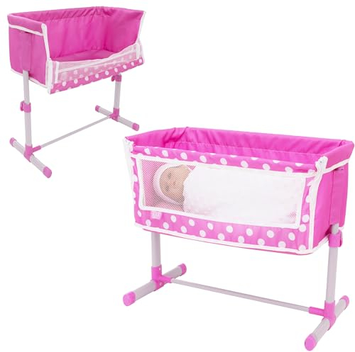 Dolly Tots Beistellbett für Puppen Pink mit Polka-Dots | Klappbare Puppenwiege in Pink | Puppenzubehör & Spielzeug | Puppenwagen & Spielzeug für Kinder | Ab 3 Jahren.