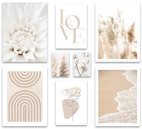 ArtFAVES® Affischset – beige mjuk – flerdelad väggdekoration vardagsrum och sovrum – 8 moderna väggmålningar abstrakta former, pampasgräs, blomma, beige, hav – utan bildram
