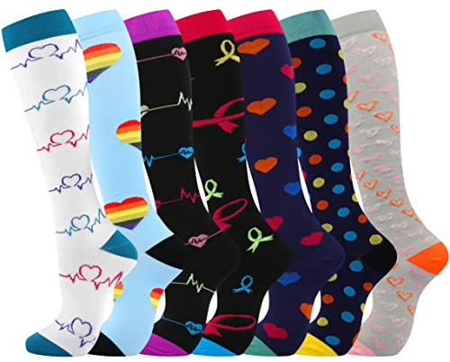 Odtmger Calcetines de compresión (7 pares) para mujeres y hombres Circulación 20-30 mmhg El calcetín alto hasta la rodilla es el mejor apoyo para atletismo Correr, Ciclismo
