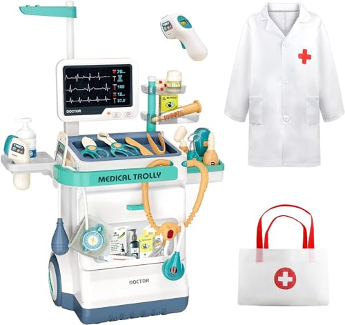 AIQI Juego de Doctor de Juguete, Juego de 28 Piezas de Doctor para Niños con Carrito Móvil de Luz y Sonido, Juego de Regalo de Juguetes de rol con Maletin Medicos Disfraz para Niños Niñas de 3+ Años