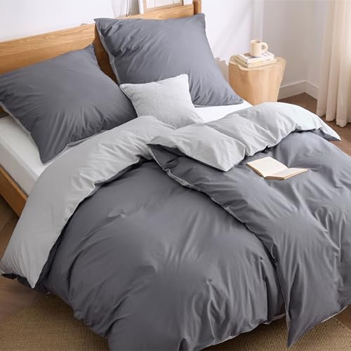 BEDSURE Bettwäsche 135x200 Baumwolle 4teilig - Bettwäsche-Sets Anthrazit Grau Wendebettwäsche 2er Set mit 2 Kissenbezüge 80x80 cm, Oeko-TEX Zweifarbiger Bettbezug mit Reißverschluss
