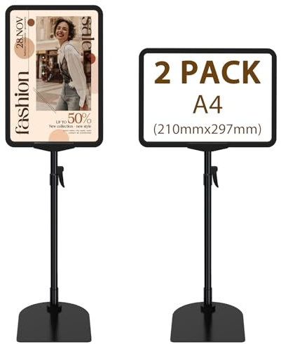 Newzealkids Paquete de 2 soportes ajustables para carteles A4, soporte reutilizable para letreros publicitarios de menús de negocios, soporte de exhibición para vista vertical y horizontal, negro
